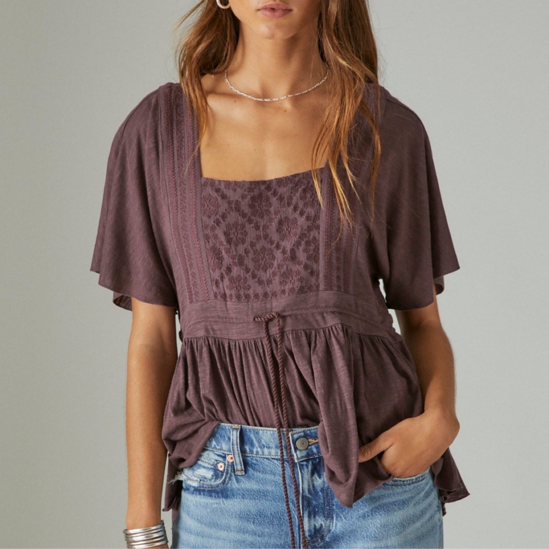 Lucky Brand Embroidered Square Neck Top HUCKLEBERRY