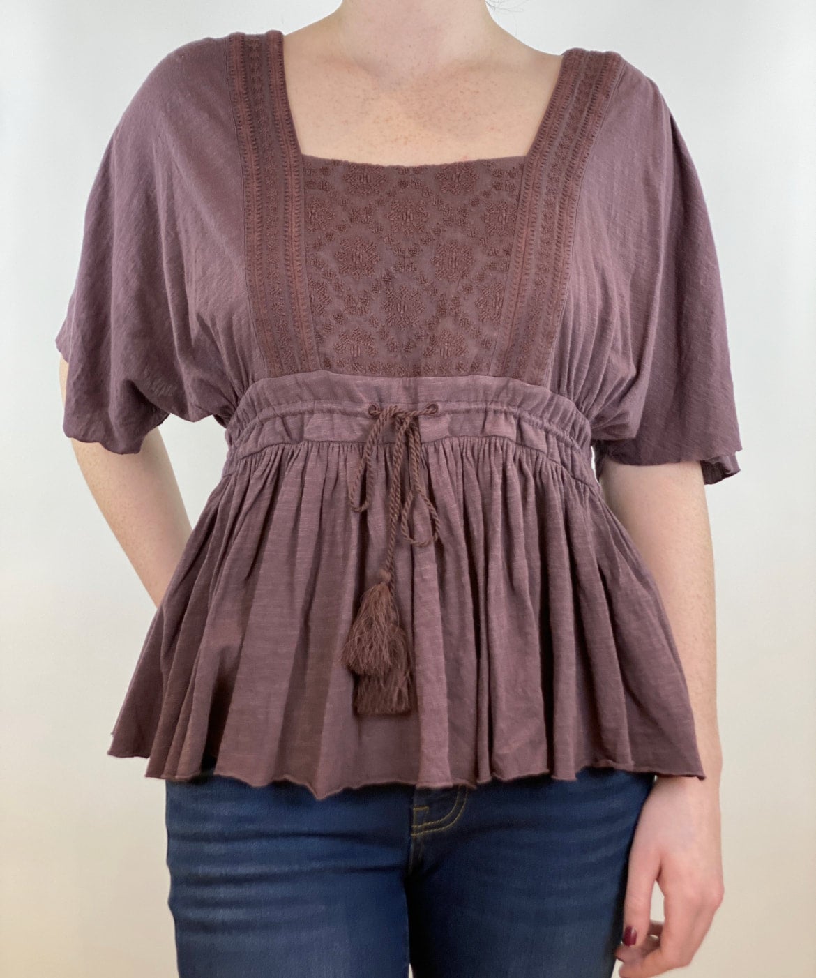 Lucky Brand Embroidered Square Neck Top HUCKLEBERRY